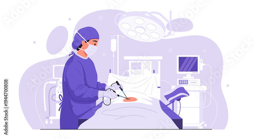 Surgeon Performing Laparoscopic Surgery with Modern Medical Equipment in Operating Room