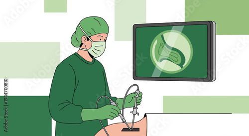 Surgeon Performing Laparoscopic Surgery with Monitor Displaying Medical Icon