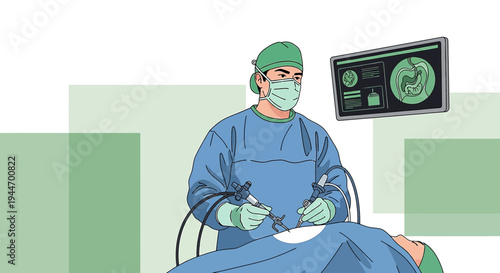 Surgeon Performing Laparoscopic Surgery with Monitor Displaying Medical Scan