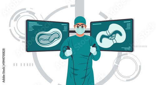 Surgeon Performing Laparoscopic Surgery with Monitors Showing Internal Organs