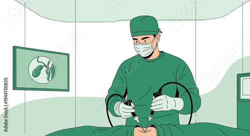Surgeon Performing Laparoscopic Surgery with Robotic Instruments on Patient