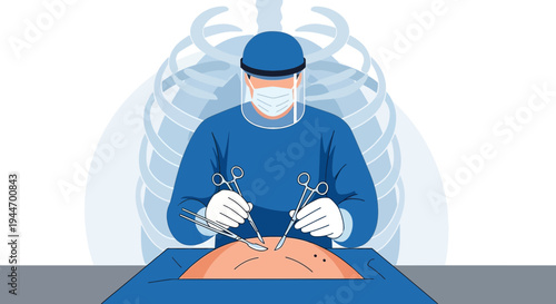 Surgeon Performing Laparoscopic Surgery with X-ray Rib Cage Overlay