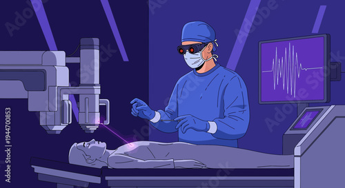 Surgeon Performing Laser Eye Surgery with Advanced Medical Technology and Monitor Display