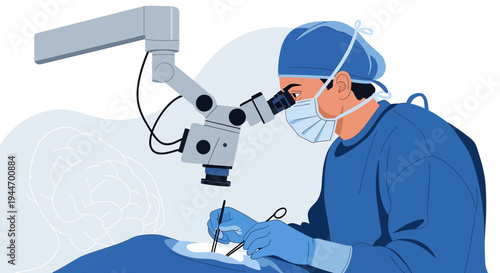 Surgeon Performing Microsurgery with Microscope in Operating Room