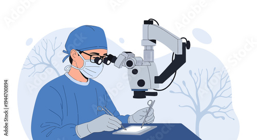 Surgeon Performing Microsurgery Under Microscope with Surgical Instruments
