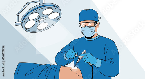 Surgeon Performing Minimally Invasive Surgery with Endoscope Under Surgical Lamp
