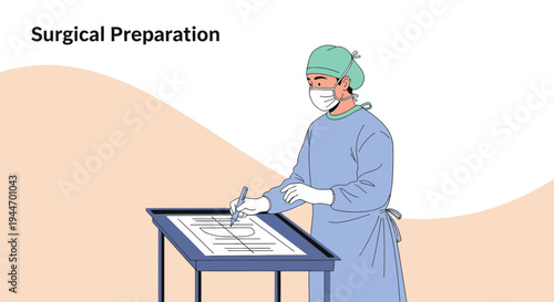 Surgeon in surgical attire reviews patient's X-ray on a light table before operation