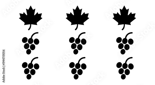 A simple and elegant illustration featuring black silhouettes of maple leaves and clusters of grapes on a clean white background, perfect for design and culinary concepts.