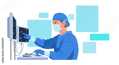 Surgeon in surgical attire using medical monitor and equipment during operation