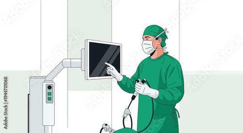Surgeon in surgical attire using advanced laparoscopic equipment and touch screen monitor