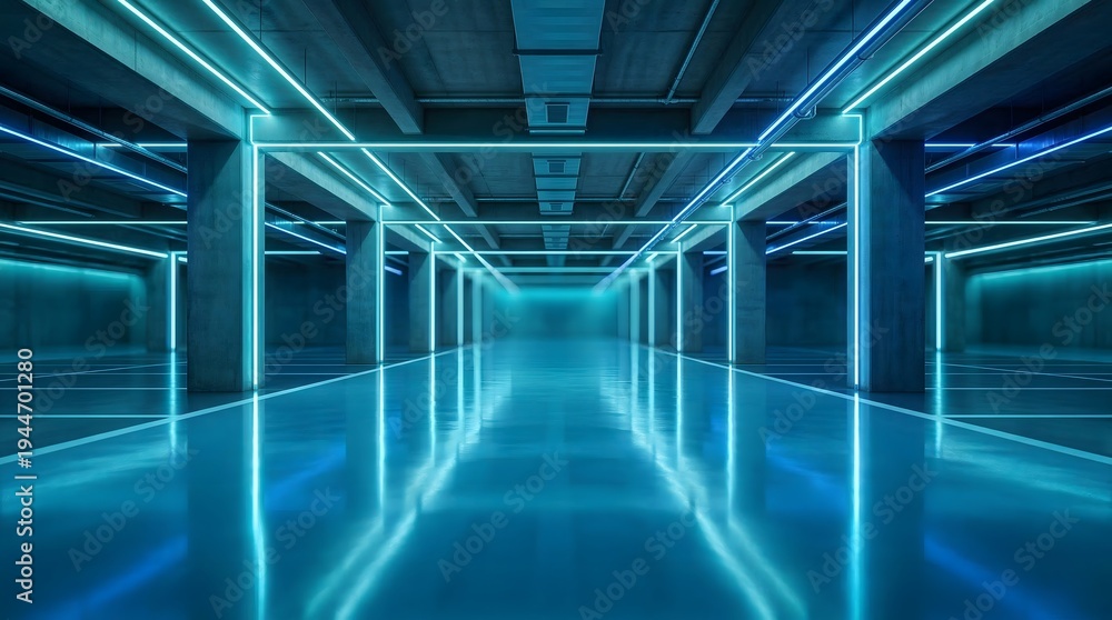 Fototapeta premium Futuristic Underground Passage with Neon Blue Lights