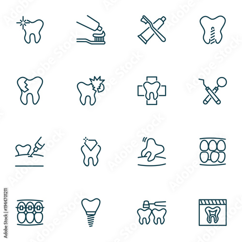 Dental line icons set for dentistry and oral hygiene care