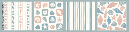 Coastal seamless pattern set with seashell motifs, stripes and tile layouts. Muted blue and coral palette, flat vector style. Ideal for textile prints, wallpaper, wrapping paper, packaging, scrapbook