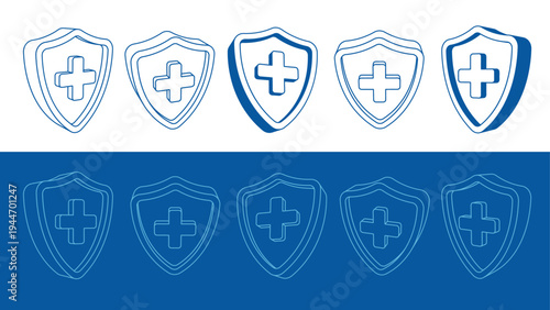 Shield icon set with medical cross in 3d isometric style