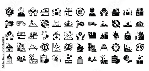 Humanitarian aid and disaster relief icon set in solid style