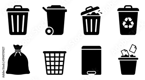 A collection of black silhouette icons depicting various trash cans, recycling bins, and waste management symbols on a white background, suitable for use in environmental or organizational themes.