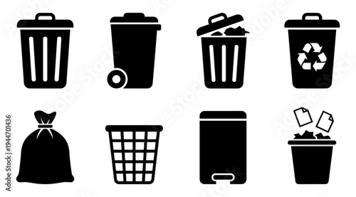 A collection of black silhouette icons depicting various trash cans and recycling bins on a clean white background, conveying eco-friendly waste management concepts.