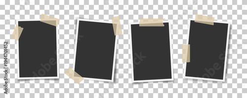 Set of four vertical instant photo frames with masking tape pieces. Realistic paper borders. Vector mockup isolated on transparent background for blog layouts, social media design