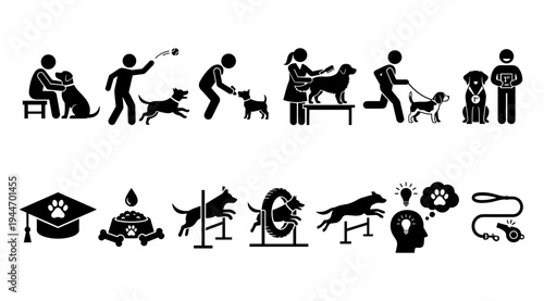 A collection of black silhouette icons depicting various dog training activities and scenarios, including obedience, agility, and graduation.