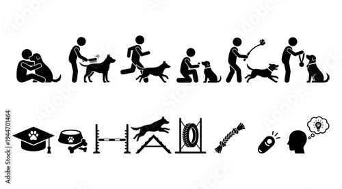 Black silhouette illustrations of people training dogs in various obedience exercises, with icons representing dog training school and education, conveying a sense of learning and pet behavior.