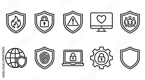 A collection of security icons including shields, locks, and protection symbols on a white background, representing cybersecurity, data privacy, and internet safety for business and technology use.