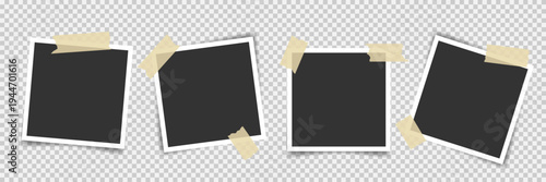 Four blank photo frames glued with adhesive tape strips. Empty instant camera photos with masking tape overlays. Great for wedding travel layouts, digital collage, photo album, social media