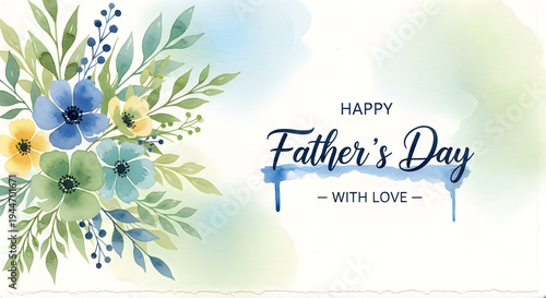 Happy Father's Day card with blue flowers watercolor background and love message