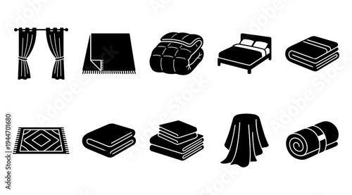 A black and white illustration featuring various bedding and curtain items, including curtains, blankets, bed sheets, and towels, arranged neatly on a plain background.