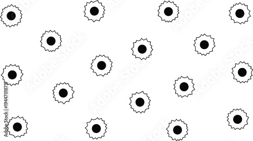Abstract black and white vector pattern featuring multiple round shapes with jagged edges, resembling cells or microorganisms, ideal for scientific, medical