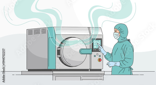 Sterilization Process: Operator in Hazmat Suit Using Autoclave Machine for Medical Equipment