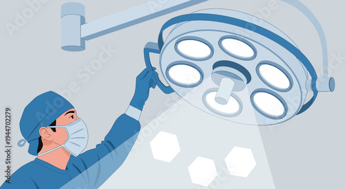 Surgeon Adjusting Operating Room Light, Medical Procedure Preparation, Healthcare Focus