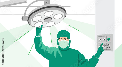 Surgeon Adjusting Operating Room Light, Ready for Surgical Operation