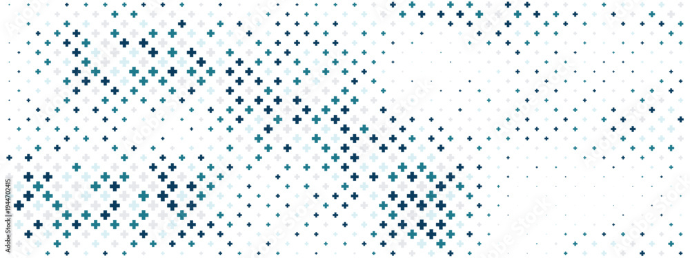Naklejka premium Medical pattern with blue and green crosses creates a modern healthcare background, perfect for hospital presentations and health-related designs with clean geometric elements.