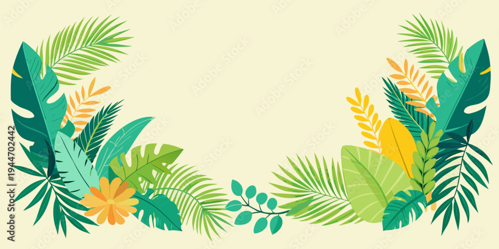 Obraz premium Tropical foliage and floral border design, vector