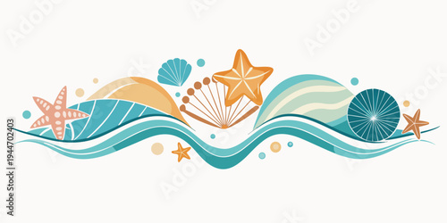 Decorative marine border with seashells and starfish, vector