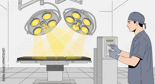Surgeon Adjusts Operating Room Lights Over Patient Table