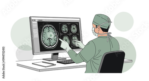Surgeon analyzes brain MRI scan on computer for diagnosis and treatment planning