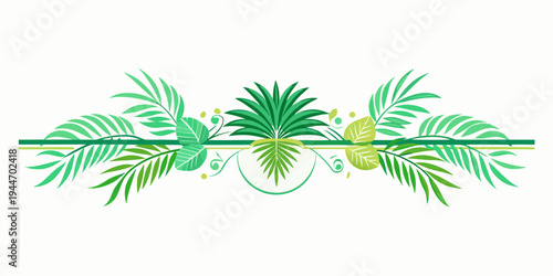 Tropical green leaves and palm fronds decorative border, vector