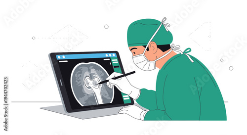 Surgeon analyzes MRI scan of hip joint on tablet, planning surgery with digital tools.