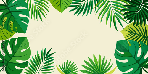 Tropical green leaves frame, vector