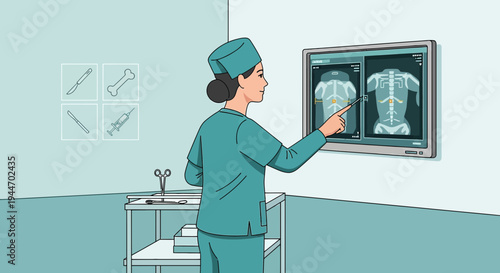 Surgeon analyzing spine X-ray on screen, medical equipment and instruments nearby