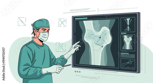 Surgeon analyzing knee X-ray on futuristic holographic display, medical technology concept