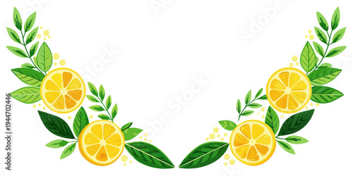Semicircular border of lemon slices and green leaves, vector