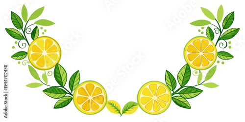 Decorative semicircular frame featuring fresh lemon slices and green leaves, vector