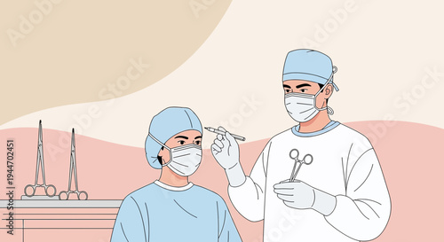 Surgeon and assistant in surgical masks and caps preparing for operation with instruments
