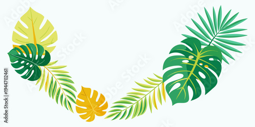 Vibrant tropical leaves arranged in a semi-circle, vector