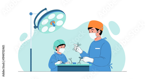 Surgeon and child in operating room, medical training, surgical procedure, healthcare concept