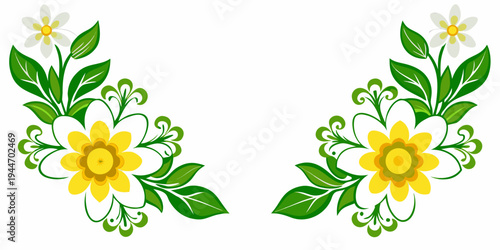 Symmetrical floral ornaments with white and yellow flowers and green leaves, vector