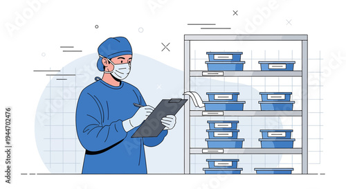 Surgeon checking medical supplies in sterile storage, healthcare inventory management