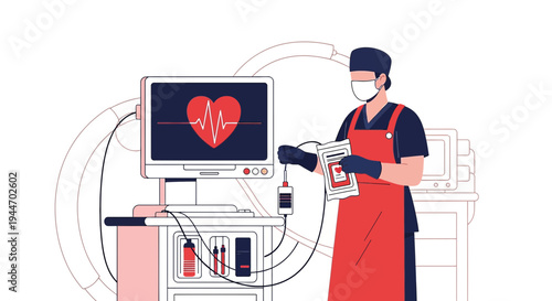 Surgeon in Mask and Apron Monitors Heartbeat on Medical Screen in Operating Room